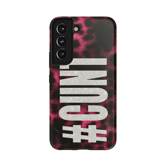 CXNT Samsung Case: a vibrant pink leopard pattern with prominent white typography