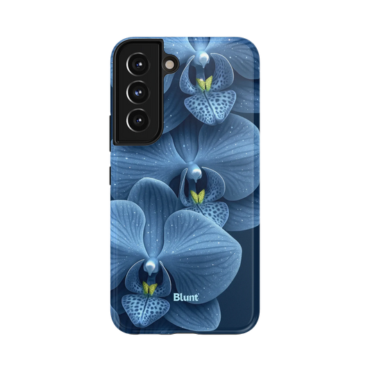 Skye Orchid Samsung Case: shimmering blue orchids with hints of glitter on a deep navy background