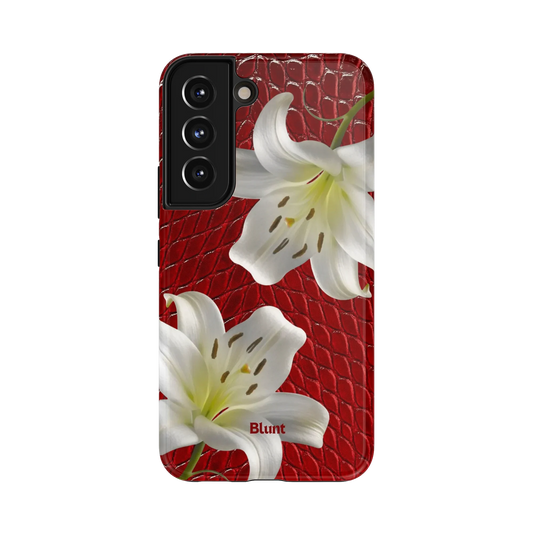 Crimson Lily Samsung Case: elegant white lilies against a red crocodile skin pattern