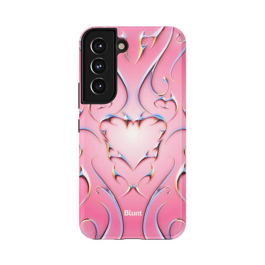 Bubble Heart Samsung Case: a chrome heart with swirling patterns on a pink gradient background