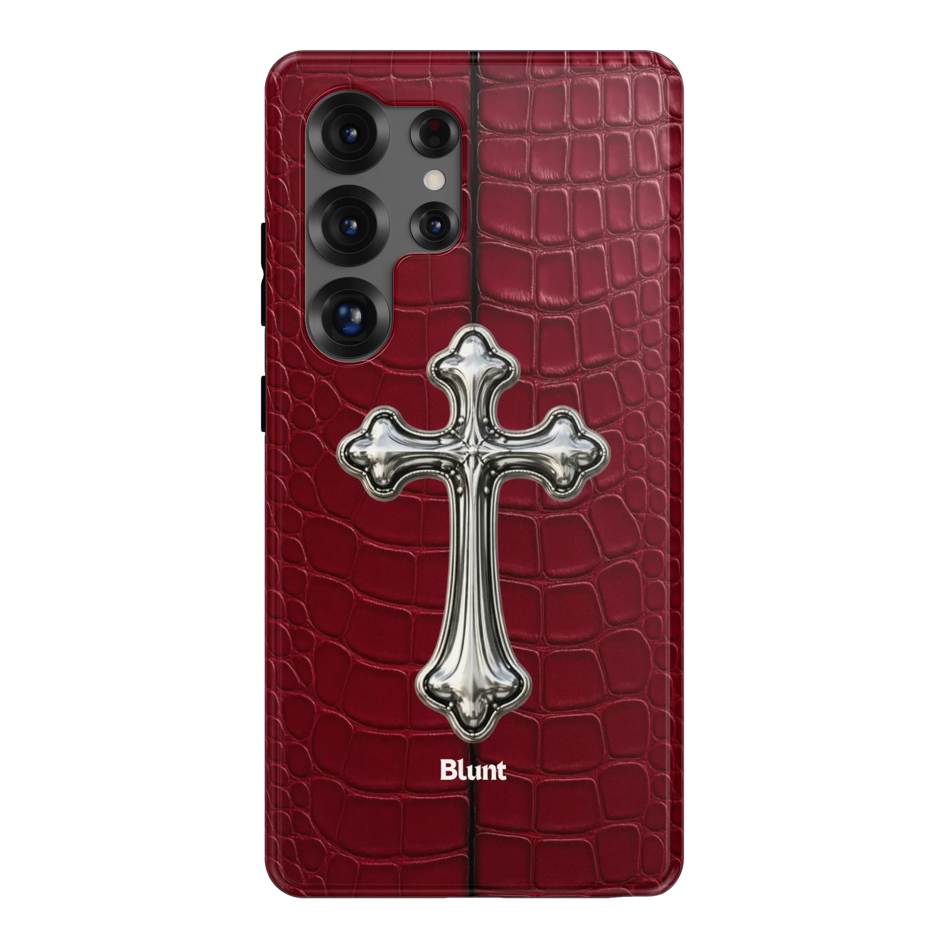 Crimson Crux Samsung Case: a metallic silver cross set against a crimson reptile texture