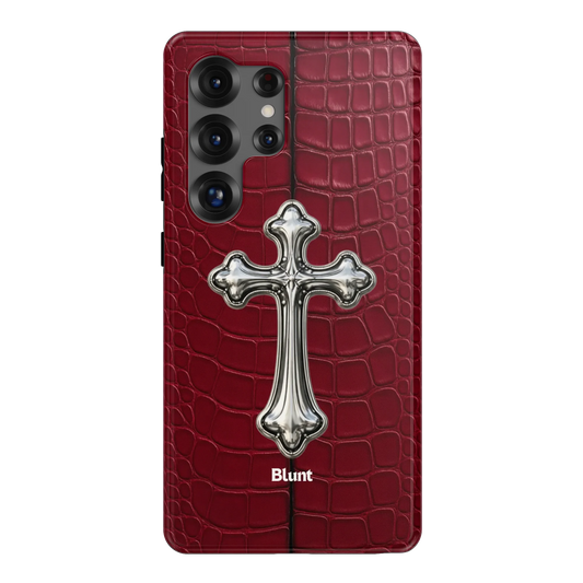 Crimson Crux Samsung Case: a metallic silver cross set against a crimson reptile texture