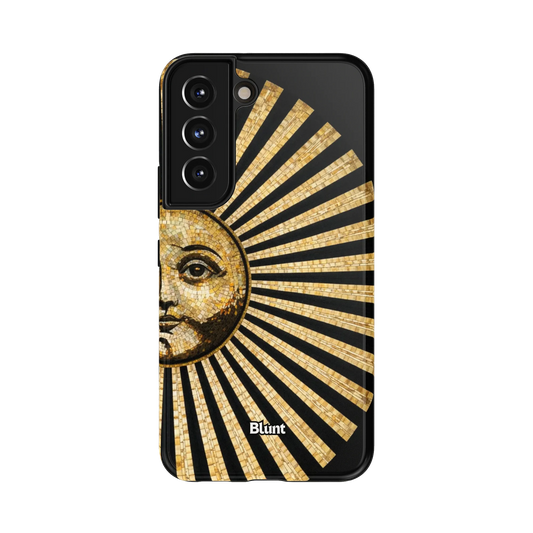 Solstice Muse Samsung Case: a circular mosaic design with a golden sun face on black