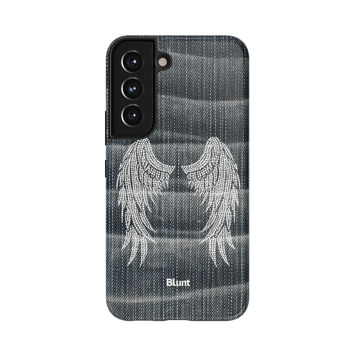 Angelic Bling Samsung Case: white beaded angel wings against a dark denim ground