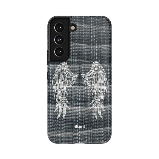 Angelic Bling Samsung Case: white beaded angel wings against a dark denim ground