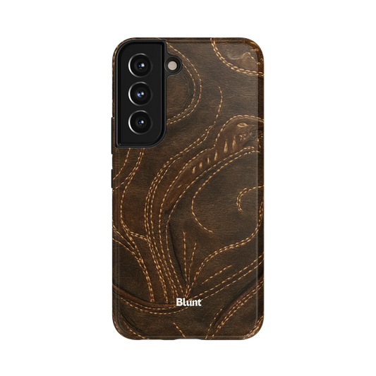 Roseo Stitch Samsung Case: intricate stitching on rich brown cowhide leather