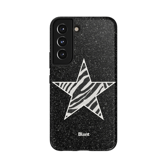 Zebra Starlette Samsung Case: a zebra-striped star on a glittery black background
