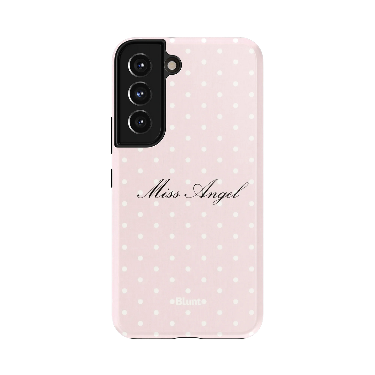 Miss Angel Samsung Case: elegant script text with 'Miss Angel' on retro pink polka dots