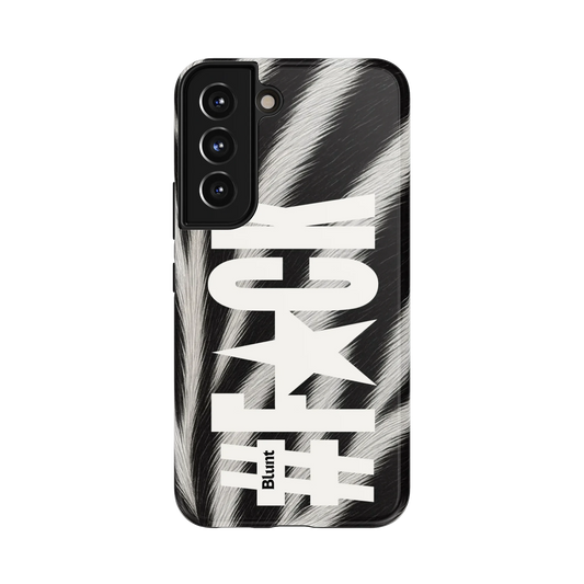 Onyx Riot Samsung Case: bold black and white zebra stripes with a central hashtag quote