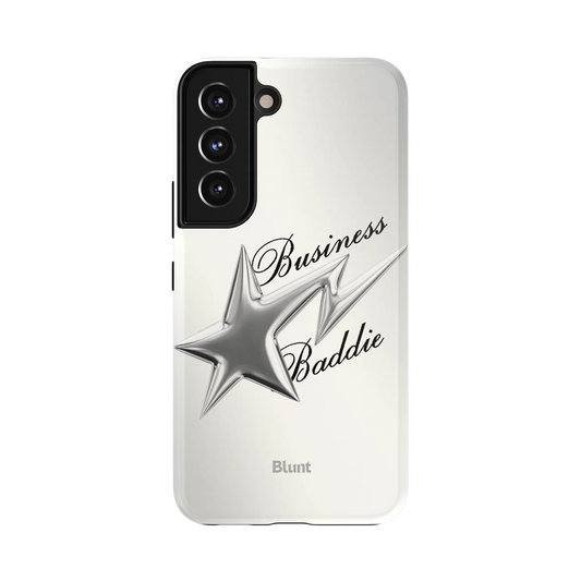Business Baddie Samsung Case: bold 'Business Baddie' lettering and a silver star on a white ground