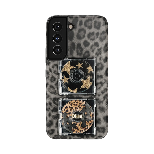 Nightfall Mix Samsung Case: leopard print CDs with gold stars on a grey animal print background