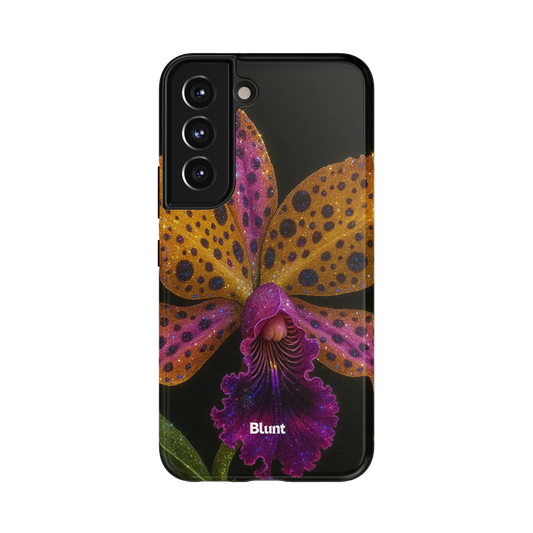 Dusklight Samsung Case: a vibrant orchid with glittering petals against a black background