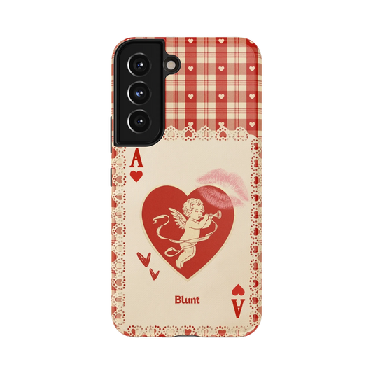 Ace of Hearts Samsung Case: a cherubic figure inside a heart on a plaid ground