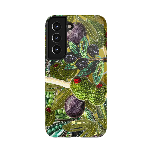 Green Muse Samsung Case: intricately beaded green leaves and vibrant fruit on a gold background