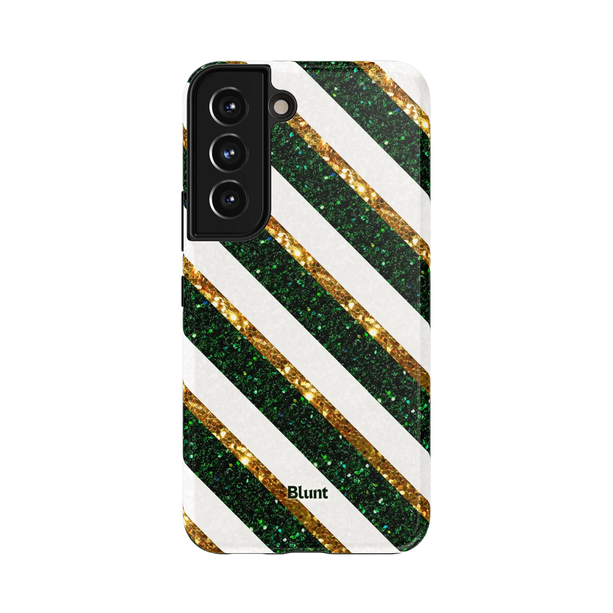 Pine Samsung Case: diagonal green and gold glitter stripes on a white background