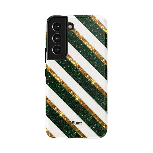 Pine Samsung Case: diagonal green and gold glitter stripes on a white background