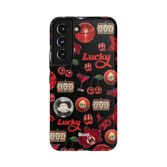 Lucky Nights Samsung Case: vibrant red orchids and cherries amid lucky symbols on black