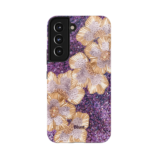 Opal Garden Samsung Case: delicate gold and lavender flowers on a sparkling purple background
