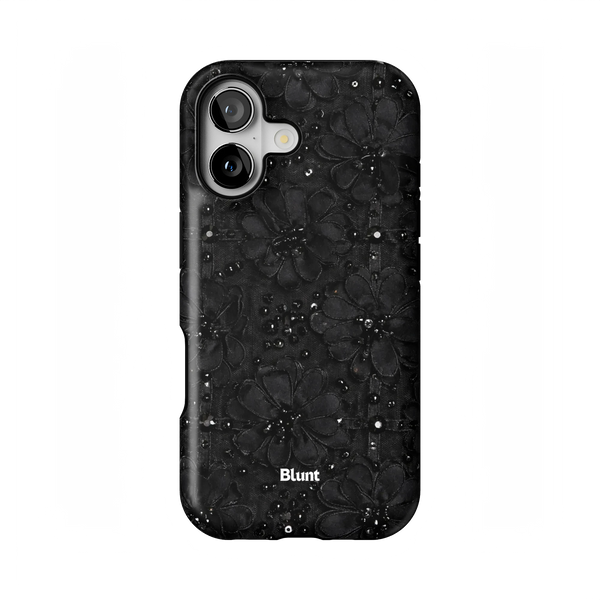 Noir Bloom iPhone Case: intricate black blooms adorned with beads on a shadowy ground