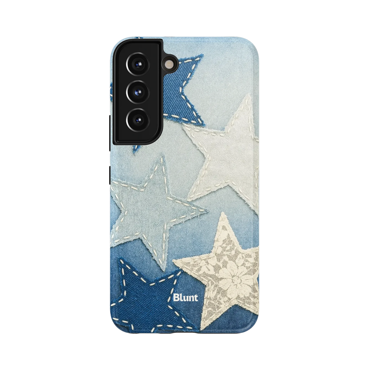 Star Patchwork Samsung Case: denim patchwork stars on a gradient blue background