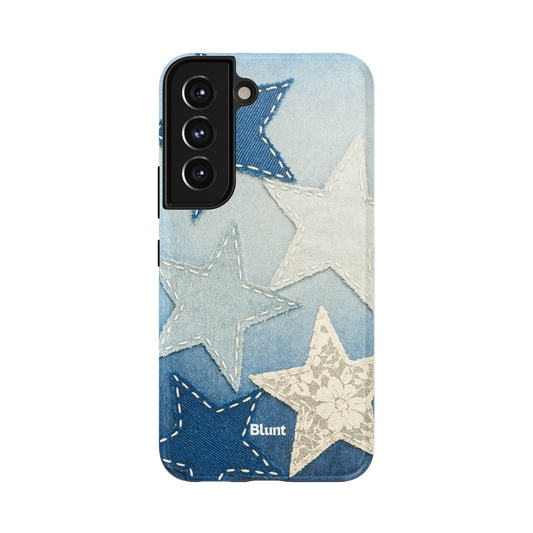 Star Patchwork Samsung Case: denim patchwork stars on a gradient blue background