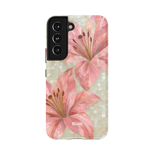 Petal Muse Samsung Case: two pink lilies with detailed petals against a mosaic backdrop