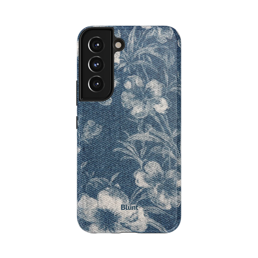 Denim Bloom Samsung Case: white floral patterns on a textured denim blue background