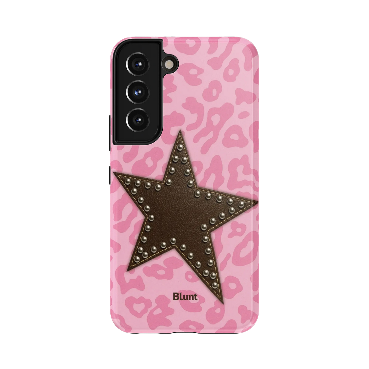 Pink Me Samsung Case: a bold brown star embellished with studs over pink leopard pattern