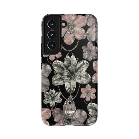 Midnight Orchid Samsung Case: intricate orchid patterns in muted pinks and grays on a black background