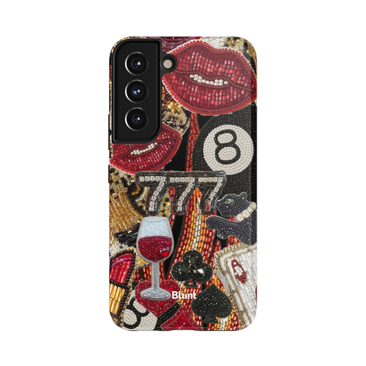 Tempted Samsung Case: beaded red lips and a black 8-ball on a vibrant collage