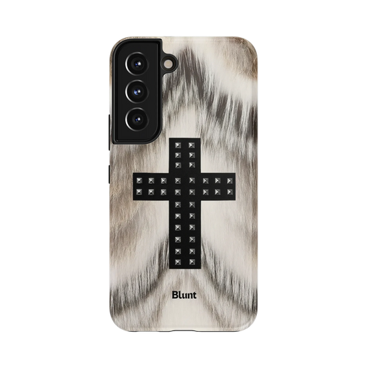 Iron Chapel Samsung Case: a black studded cross on a white animal print background
