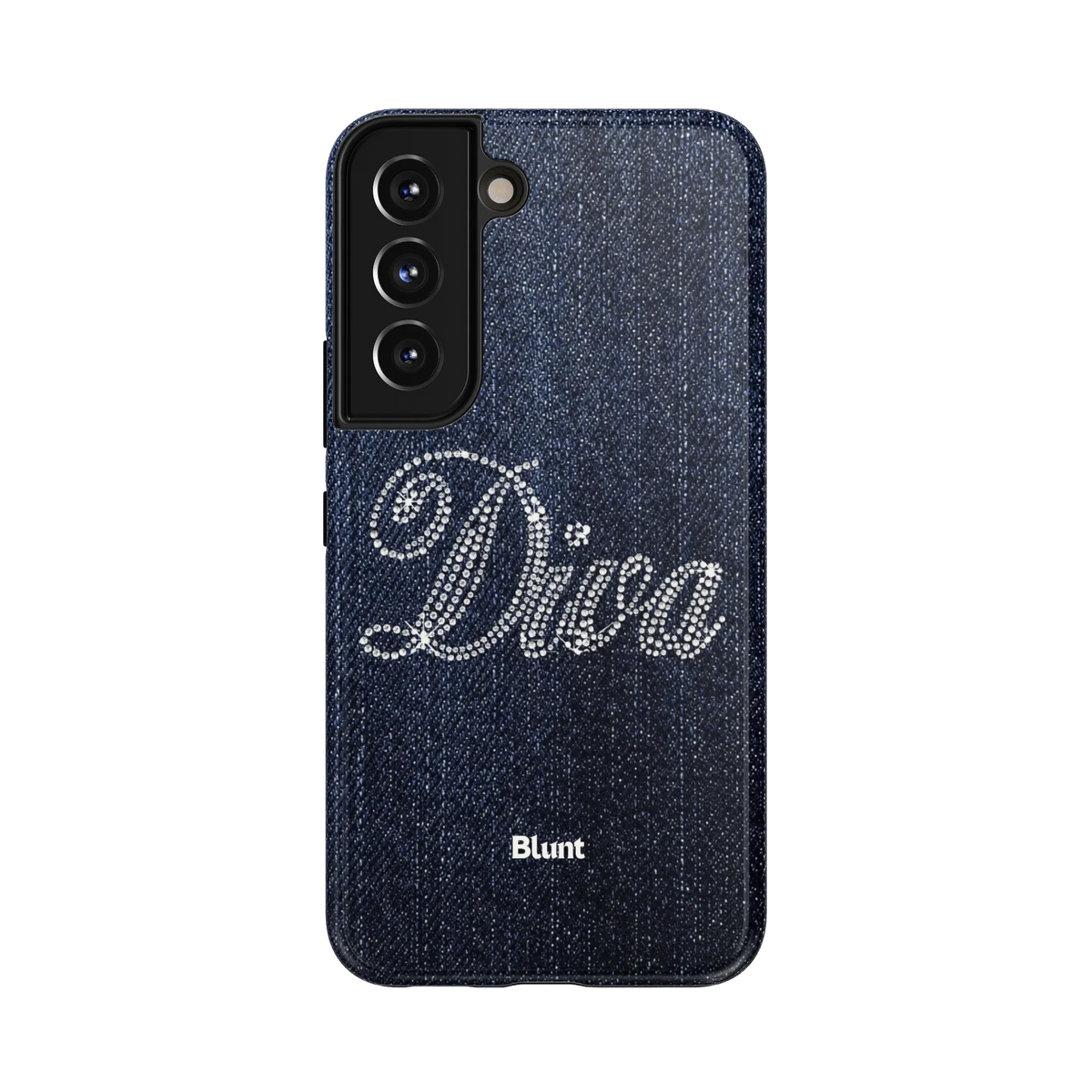 Dazzled Diva Samsung Case: the elegant word 'Diva' crafted with beads on a rich blue denim backdrop