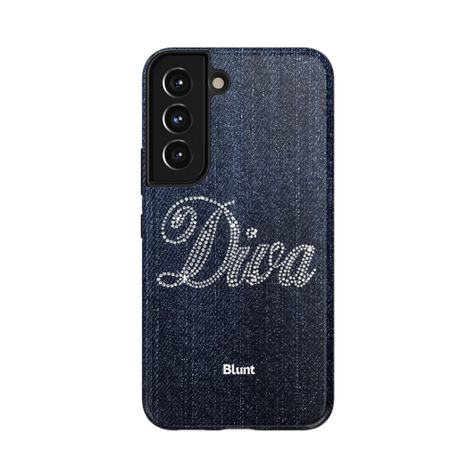 Dazzled Diva Samsung Case: the elegant word 'Diva' crafted with beads on a rich blue denim backdrop