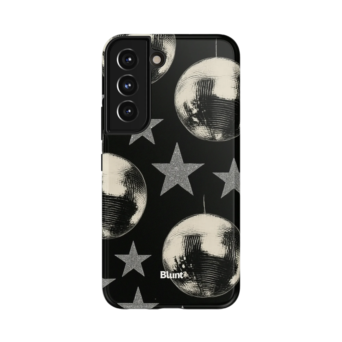 Lunar Nights Samsung Case: metallic stars paired with reflective disco balls against black