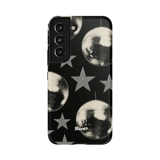 Lunar Nights Samsung Case: metallic stars paired with reflective disco balls against black