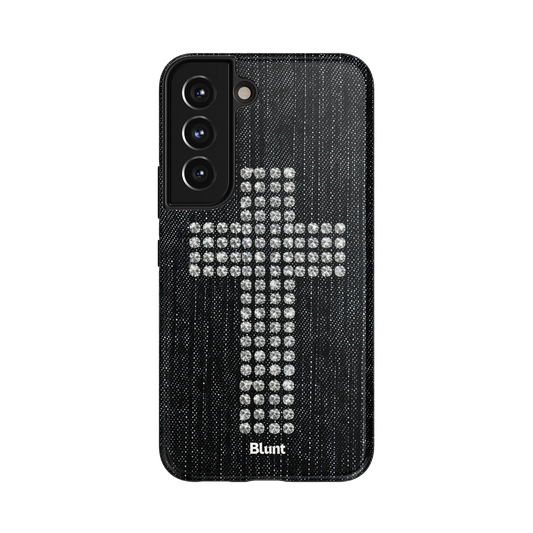 Holy Bling Samsung Case: a shimmering cross made of beads on deep black denim