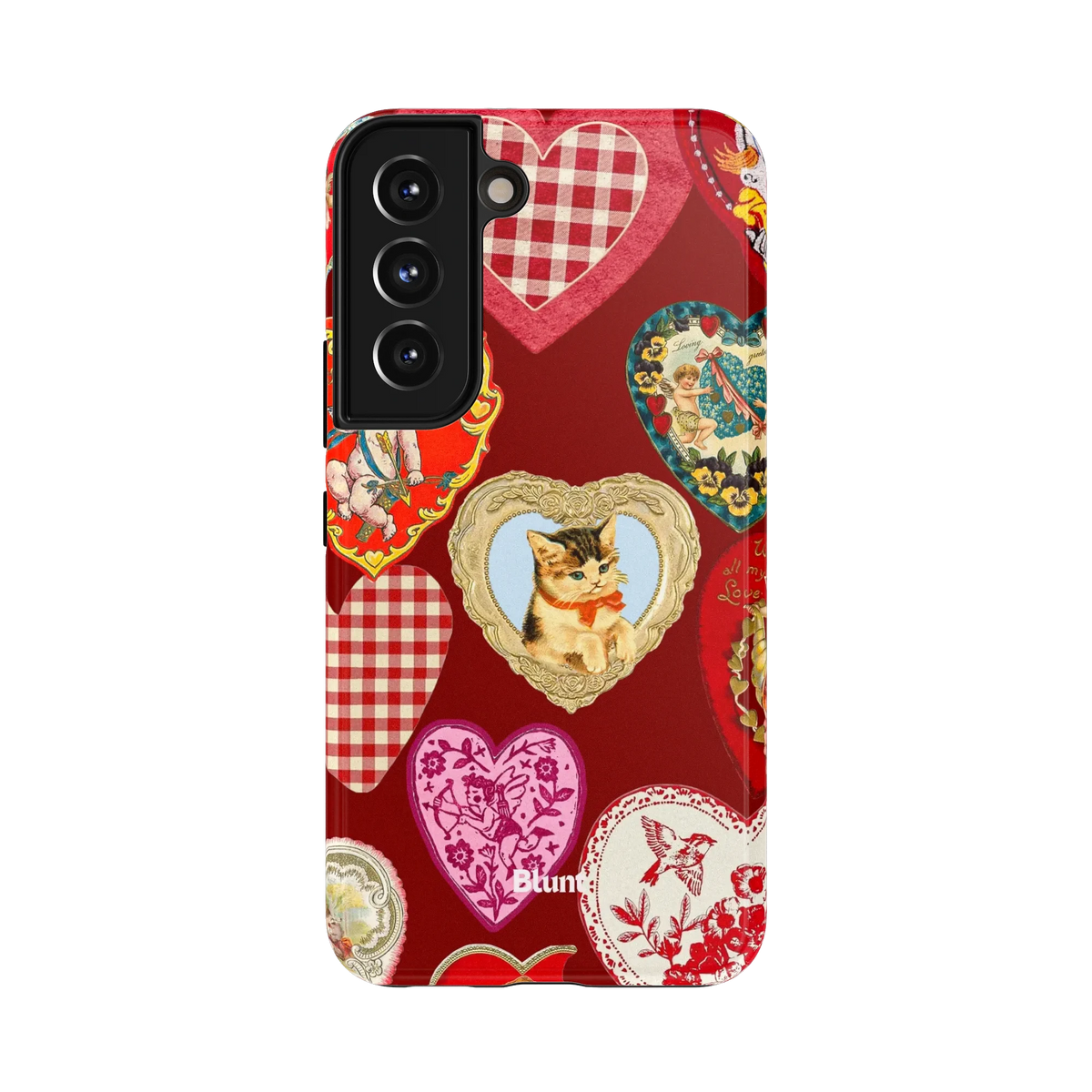 Vintage Love Samsung Case: a variety of vintage heart designs on a rich red background