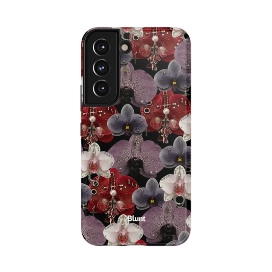 Orchid Obsession Samsung Case: vibrant orchids in shades of red and purple on a black background