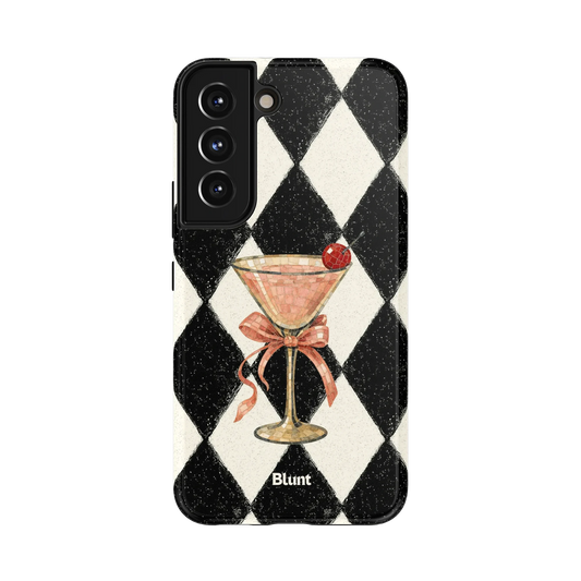 Harlequin Samsung Case: a pink martini glass with a ribbon on a black and white harlequin background