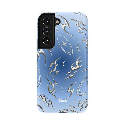 Blue Cyber Samsung Case: dynamic silver patterns on a vibrant blue gradient