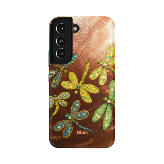 Emerald Flight Samsung Case: jeweled dragonflies in shades of green and gold against a rich brown ground
