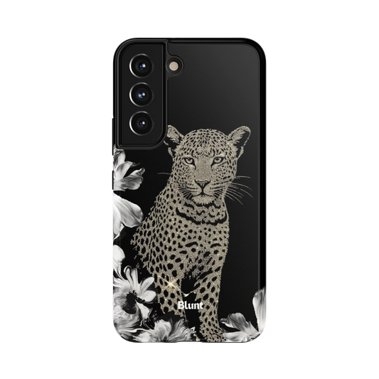 Vesper Samsung Case: an intricate leopard surrounded by monochrome flowers on black