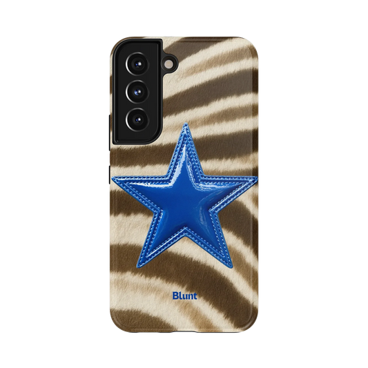 Iconic Samsung Case: a vivid blue star atop a beige and brown animal print