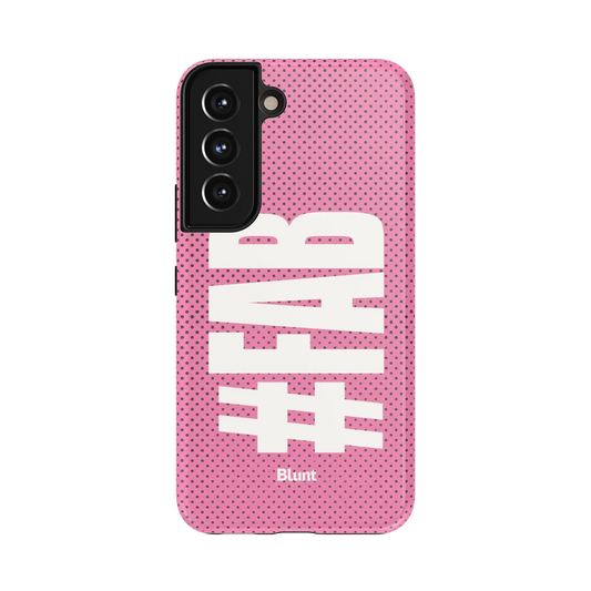 Pink Fab Samsung Case: bold white hashtags on a vibrant pink polka dot background