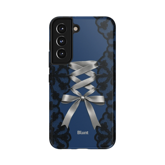 Midnight Corset Samsung Case: a silver ribbon corset laced on deep blue lace