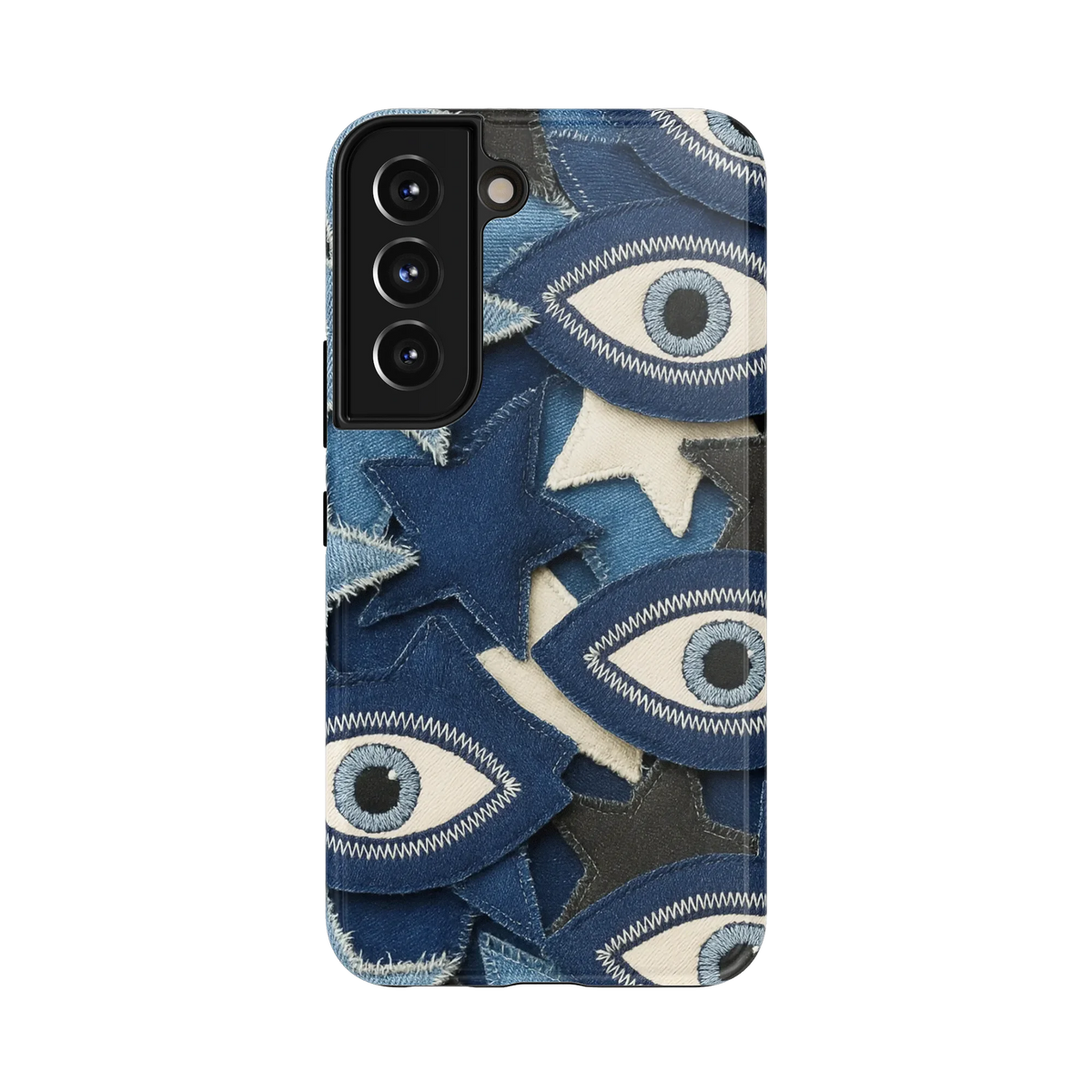 Evil Eye Denim Samsung Case: embroidered evil eyes and stars on denim patchwork