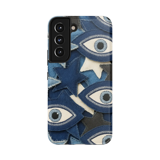 Evil Eye Denim Samsung Case: embroidered evil eyes and stars on denim patchwork