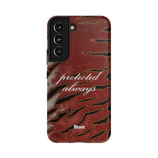 Protected Samsung Case: bold tiger stripes in black on a deep red ground