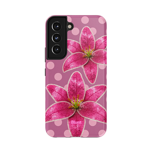 Petal Polka Samsung Case: sparkling sequined pink petals against a mauve polka dot ground