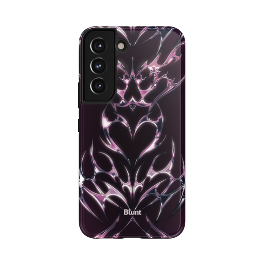 Eclipse Heart Samsung Case: metallic chrome patterns forming heart shapes against a deep purple backdrop